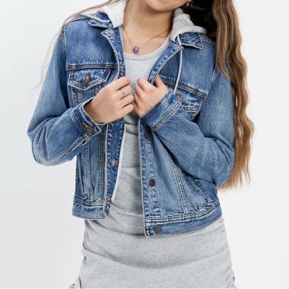 Classic Blue Denim Jacket with Purple Hood - Picture 1 of 2